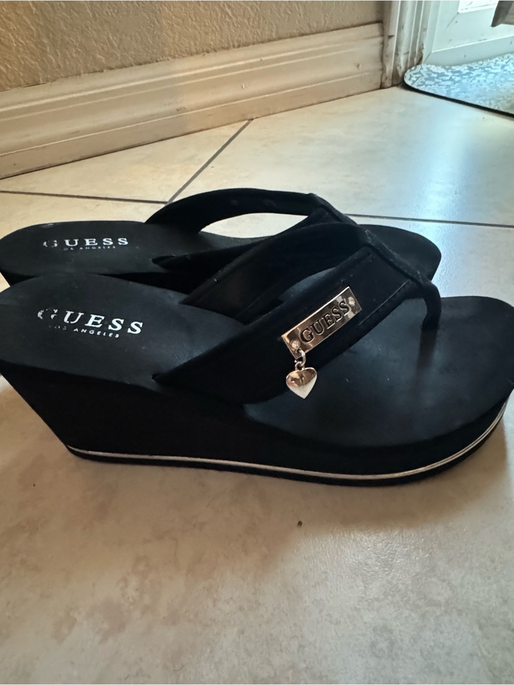 GUESS Black Wedge Flip Flop Sandals - Picture 3 of 5